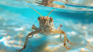 AI generated Hilarious underwater scene grasshopper in pool plays deep dive action, Ai Generated. photo