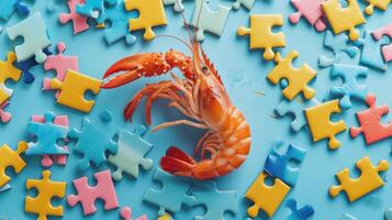 AI generated Quirky top view of a cute prawn solving a jigsaw puzzle, charming and unexpected. Ai Generated photo