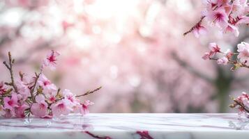 AI generated Showcase your products with elegance on a marble stone table top adorned with Sakura blossoms against a blurred bokeh background. Ai Generated photo