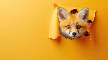 AI generated A humorous fox peers through a ripped hole in a contrast pastel color paper background, Ai Generated photo