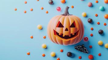 AI generated Minimalist style featuring smiling Halloween pumpkin and candies, adding festive charm, Ai Generated photo