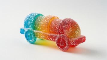 AI generated Realistic gummy candy shaped like a desk train, featuring three colors, elastic texture, and sugar sprinkle, Ai Generated photo