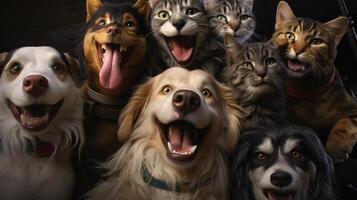 AI generated Gang of dogs and cats pose for a hilarious selfie shot. Ai Generated. photo