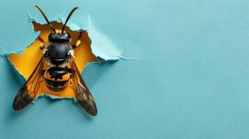 AI generated A humorous hornet peers through a ripped hole in a contrast pastel color paper background, Ai Generated photo