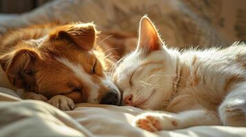 AI generated cat and dog sleep side by side. Ai Generated. photo