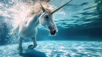 ai generado divertidísimo submarino escena unicornio en piscina obras de teatro profundo bucear acción, ai generado. foto