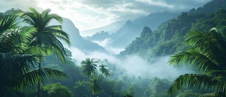 AI generated Palm trees sway atop a hill with towering mountains and a surrounding mountain range, Ai Generated photo