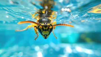AI generated Hilarious underwater scene wasp in pool plays deep dive action, Ai Generated. photo