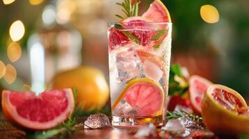 AI generated Gin tonic cocktail with fresh tropical fruit served on a bar counter in a pub or restaurant. Ai Generated. photo