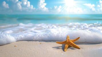 ai generado tropical arenoso playa, Oceano ondas, y un solitario estrella de mar. ai generado foto