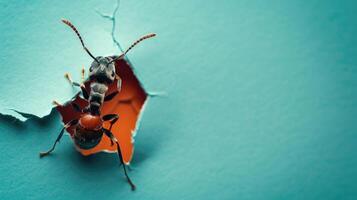 AI generated A humorous ant peers through a ripped hole in a contrast pastel color paper background, Ai Generated photo