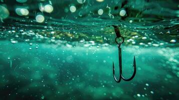 ai generado de cerca Disparo capturas un pescado gancho submarino, un intrigante vislumbrar dentro el mundo de pesca. ai generado. foto