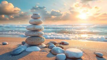 AI generated A mesmerizing sunset casts a warm glow on a pyramid of stones arranged on the seashore, creating a captivating scene. Ai Generated. photo