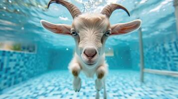 AI generated Hilarious underwater scene goat in pool plays deep dive action, Ai Generated. photo