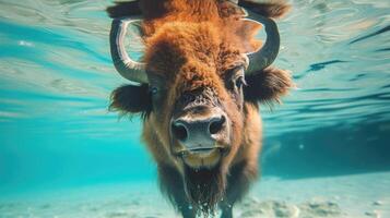 AI generated Hilarious underwater scene bison in pool plays deep dive action, Ai Generated. photo