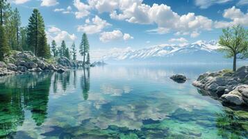 AI generated Panoramic view of the serene Mountain Lake Tahoe, where the azure waters meet the majestic mountain range, Ai Generated photo