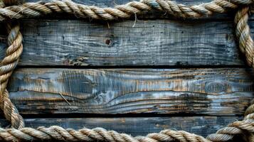 AI generated Nautical background featuring a rope shaped as a circle on a wood backdrop. Ai Generated. photo