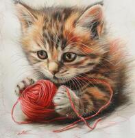 AI generated Orange and white cat sitting with a yarn ball, Ai Generated. photo