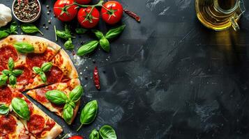 AI generated Tasty pepperoni pizza with cooking ingredients like tomatoes and basil on black concrete background, Ai Generated photo