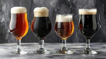 AI generated Four glasses of beer arranged on a rustic wooden background, perfect for a casual gathering. Ai Generated. photo