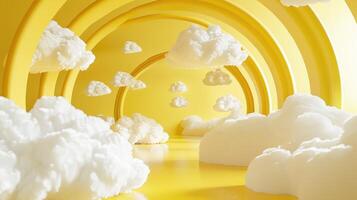 AI generated Vivid 3D render, abstract yellow backdrop, white clouds emerging from a tunnel. Ai Generated. photo