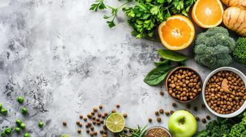 ai generado panorama exhibiendo un variedad de saludable, Fresco ingredientes para mascota comida preparación. ai generado. foto