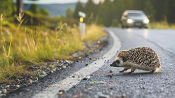 AI generated A little hedgehog ventures on the road, blending wildlife with the transport concept, Ai Generated. photo