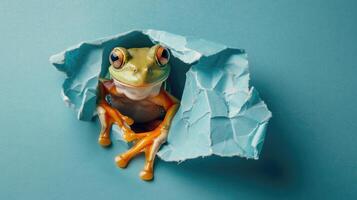 AI generated A humorous frog peers through a ripped hole in a contrast pastel color paper background, Ai Generated photo
