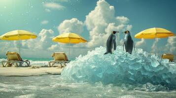 AI generated Penguins joyfully play on a large block of ice in the midst of a beach, creating a cool and amusing scene, Ai Generated. photo