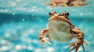 AI generated Hilarious underwater scene frog in pool plays deep dive action, Ai Generated. photo