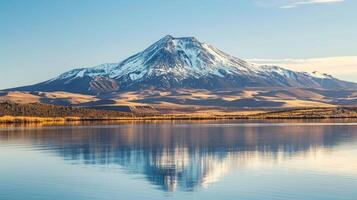 AI generated Volcanic mountain reflected in calm lake waters. Ai Generated photo