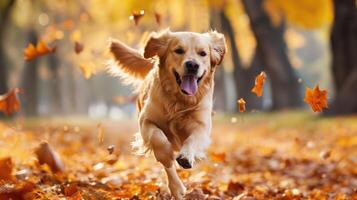 AI generated Joyful golden retriever runs freely in the park, Ai Generated photo