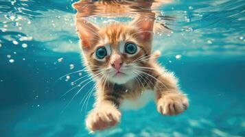 ai generado divertidísimo submarino escena gatito en piscina obras de teatro profundo bucear acción, ai generado. foto