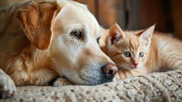 AI generated Dog and cat cuddle together in heartwarming friendship. Ai Generated. photo