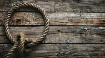 AI generated Nautical background featuring a rope shaped as a circle on a wood backdrop. Ai Generated. photo