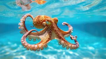 AI generated Hilarious underwater scene octopus in pool plays deep dive action, Ai Generated. photo