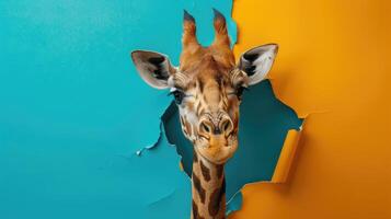 ai generado un humorístico jirafa compañeros mediante un rasgado agujero en un contraste pastel color papel fondo, ai generado foto