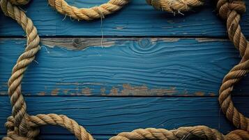 AI generated Nautical background featuring a rope shaped as a circle on a wood backdrop. Ai Generated. photo