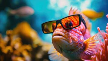 AI generated A funny fish wearing sunglasses poses in a studio against a colorful and bright background, Ai Generated photo