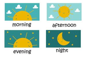 Vector set of funny cards with times of day for kids