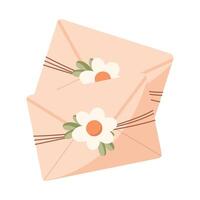 Kraft envelopes with flower isolated on white background. Easter element. Vector illustration. Flat cute style.