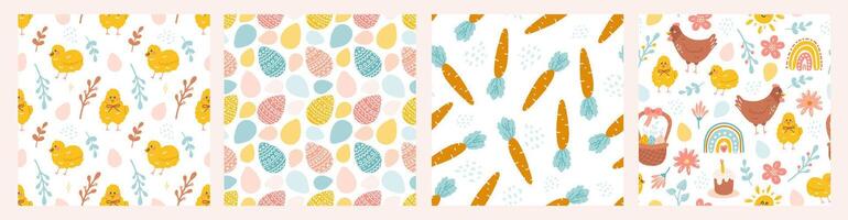 Happy Easter. Vector seamless pattern set. Rabbit, Easter eggs, flowers and chickens