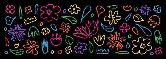 Hand drawn set  in color brush linear flowers. Abstract modern background with plants vector