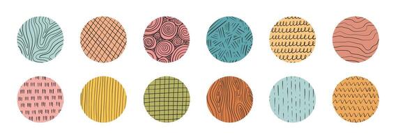 Set of hand drawn in colorful circle texture with different pencil patterns. Crosshatch, rain, wood, spiral and lines. Vector illustration on white background