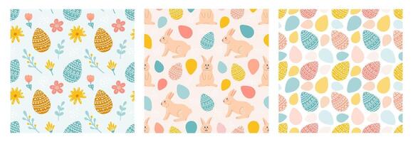 Happy Easter. Vector seamless pattern set. Rabbit, Easter eggs, flowers