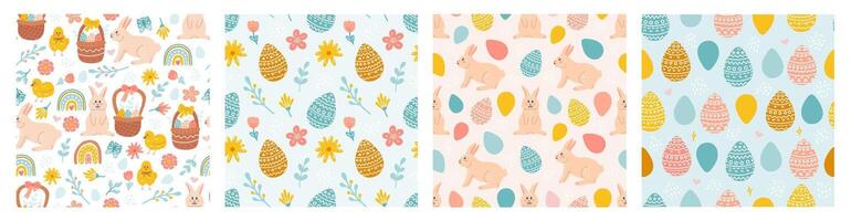 Happy Easter. Vector seamless pattern set. Rabbit, Easter eggs, flowers and chickens