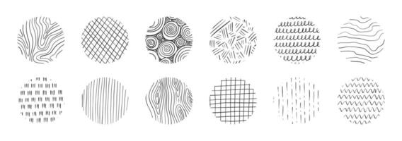 Set of hand drawn in circle texture with different pencil patterns. Crosshatch, rain, wood, spiral and lines. Vector illustration on white background