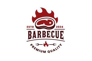 Rustic BBQ Grill Logo or Grilled Barbecue Steak House Badge Logo Stamp in Vintage Retro Style vector