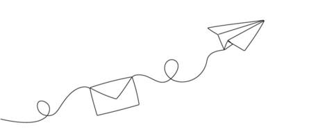 Drawing of continuous editable one line flying paper airplane and mail. Concept of sending emails for business and social media in simple linear style.   Vector illustration