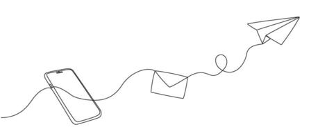 Continuous single line editable drawing of an envelope flying out and a paper airplane from a smartphone. Concept of mobile chat messages, in simple doodle style. Vector illustration.